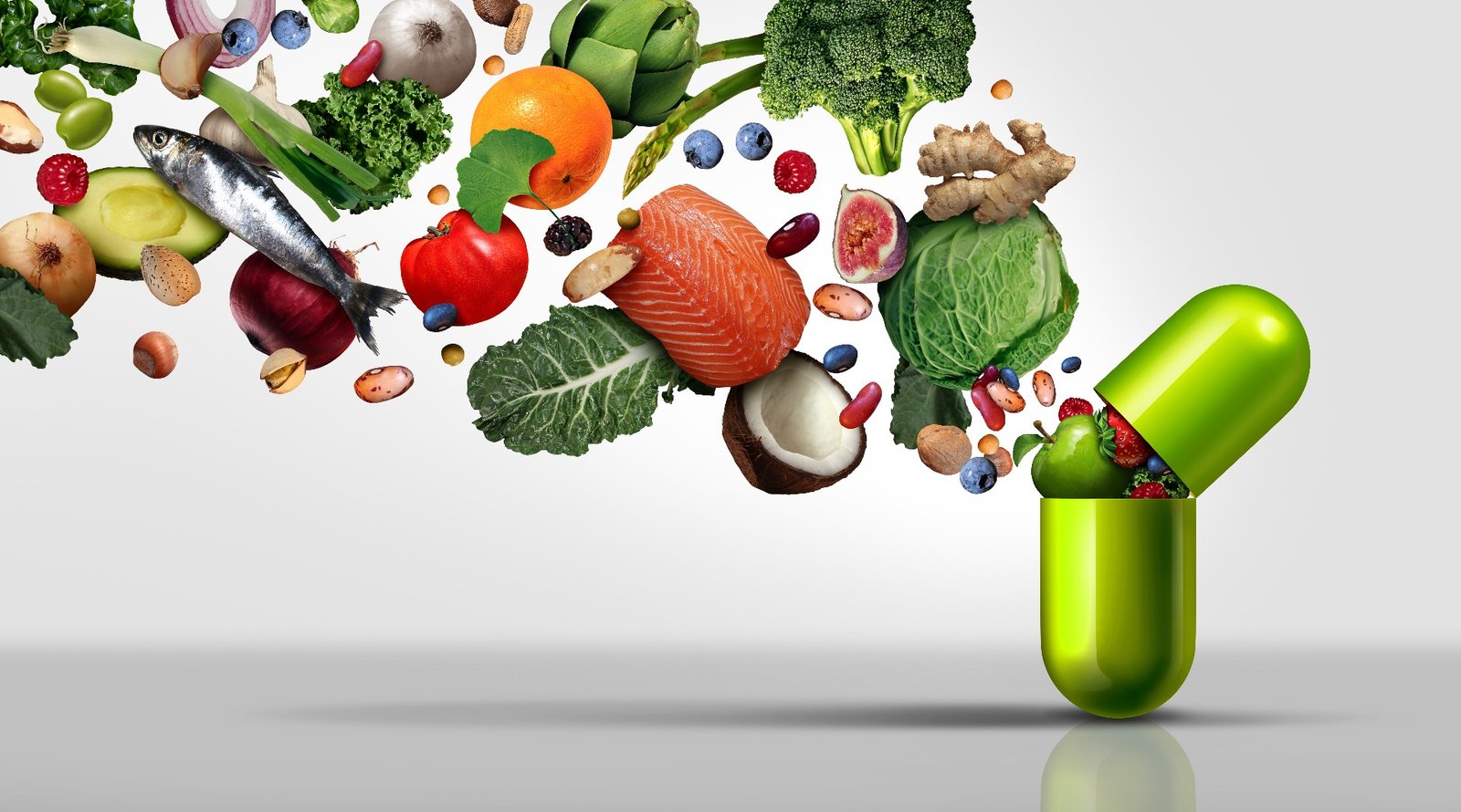 Fresh fruits, vegetables, and supplements for boosting and supporting the immune system with essential nutrients.